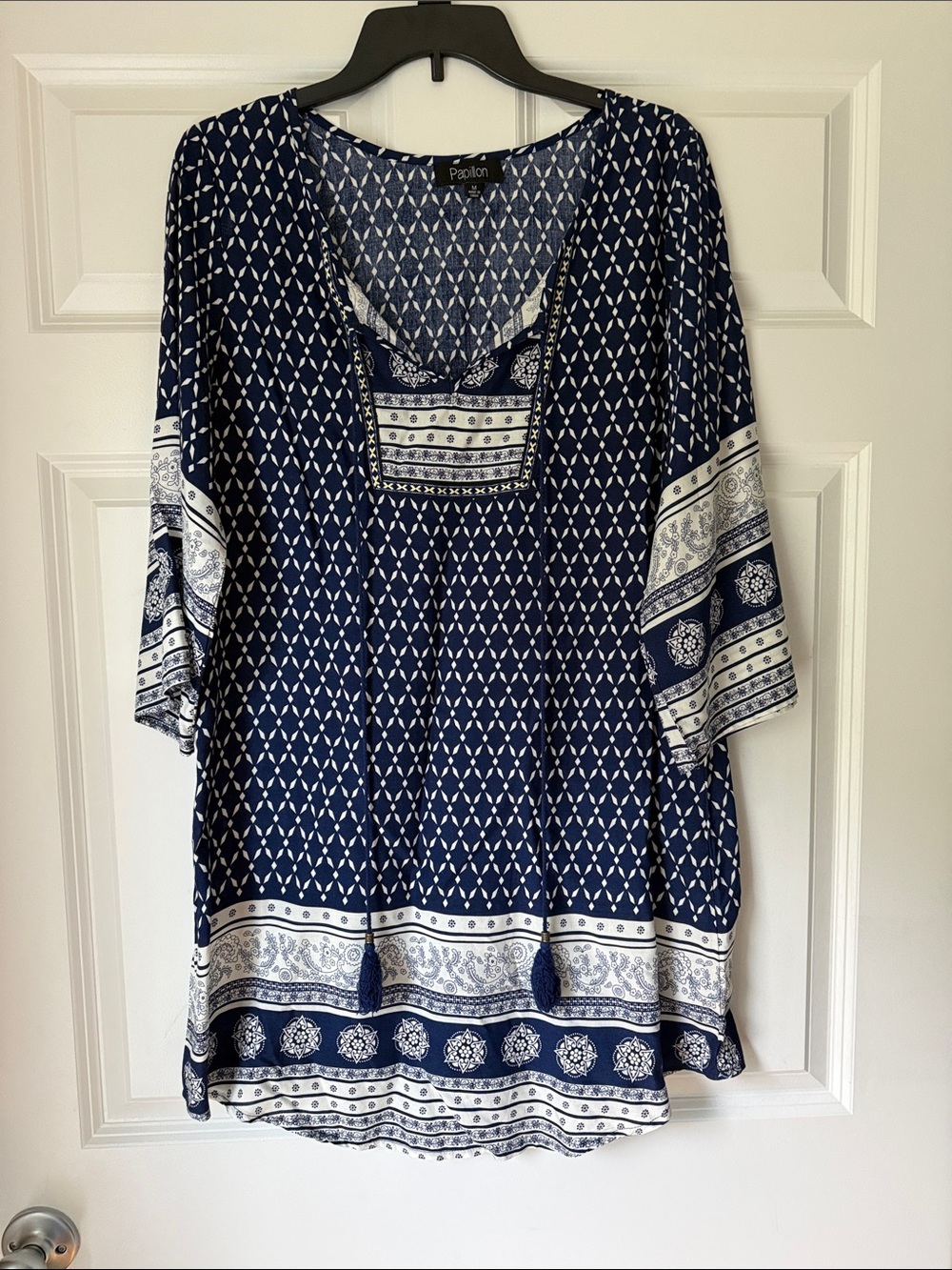 Papillon Blanc Navy and White Boho Print Tunic with Tassel Tie